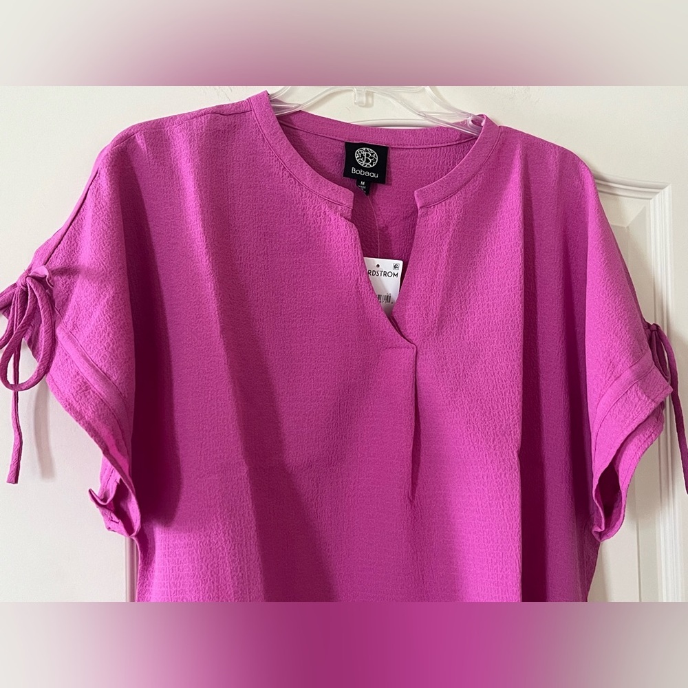 New! Bobeau Women's Pink “rosebud” Top with Tie Sleeves Size Medium - Picture 9 of 16